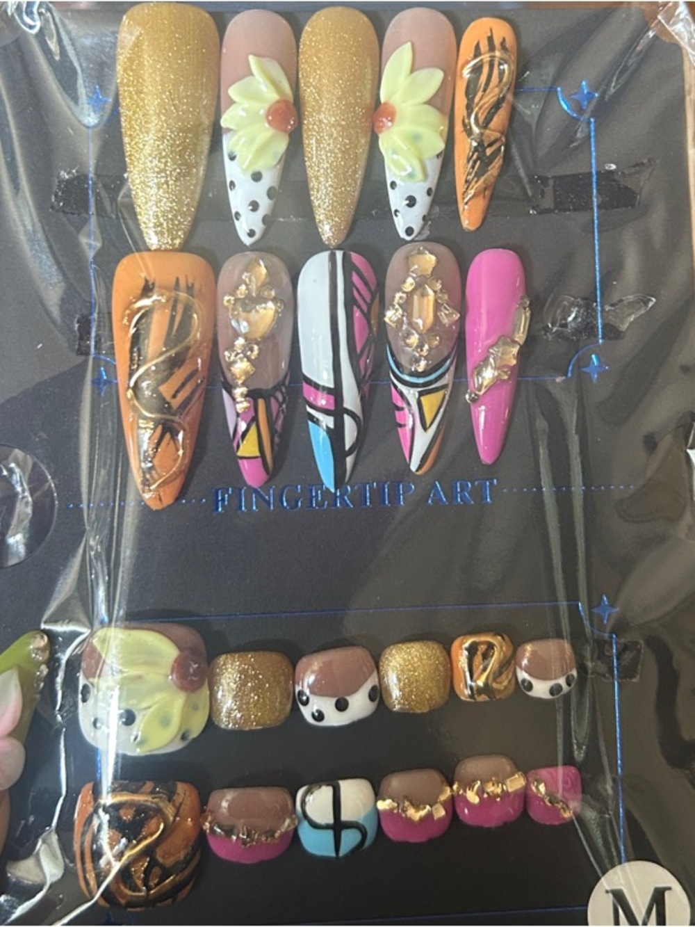 Handcrafted Press-On Nails with Gold, Pink, White & Orange Accents